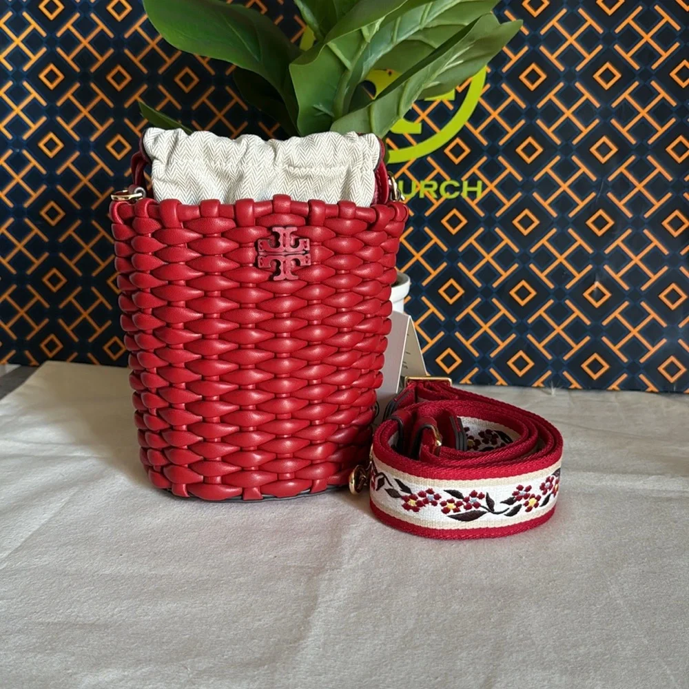 NWT Emerson Warm Red Woven mini Bucket Bag with Embroidered Strap